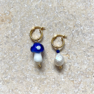 Blue Mushroom and Pearl Hoop Earrings