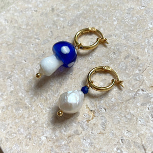 Blue Mushroom and Pearl Hoop Earrings