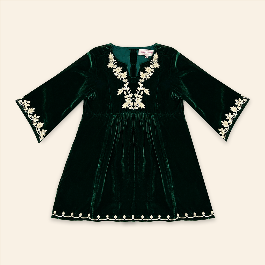 Kids Mia Dress Emerald Velvet with Floral Embroidery Muzungu Sisters UK Kids Mia Dress Emerald Velvet with Floral Embroidery Muzungu Sisters UK