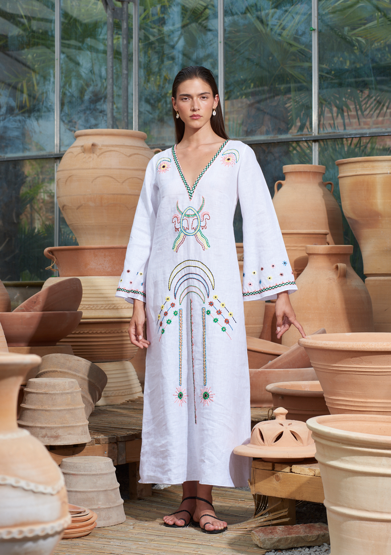kaftan dress embroidered Vera White with Moon Embroidery – Muzungu Sisters UK Kid Size:9M Slight Stretch Material atf-kg-04.18.25 Dusty Blue Pleated Midi