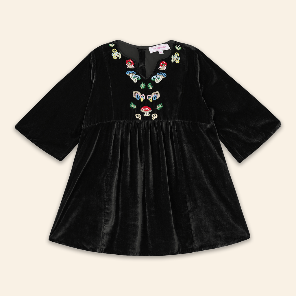 Kids Mia Dress Black Velvet with Mushroom Embroidery Muzungu Sisters UK Kids Mia Dress Black Velvet with Mushroom Embroidery Muzungu Sisters UK