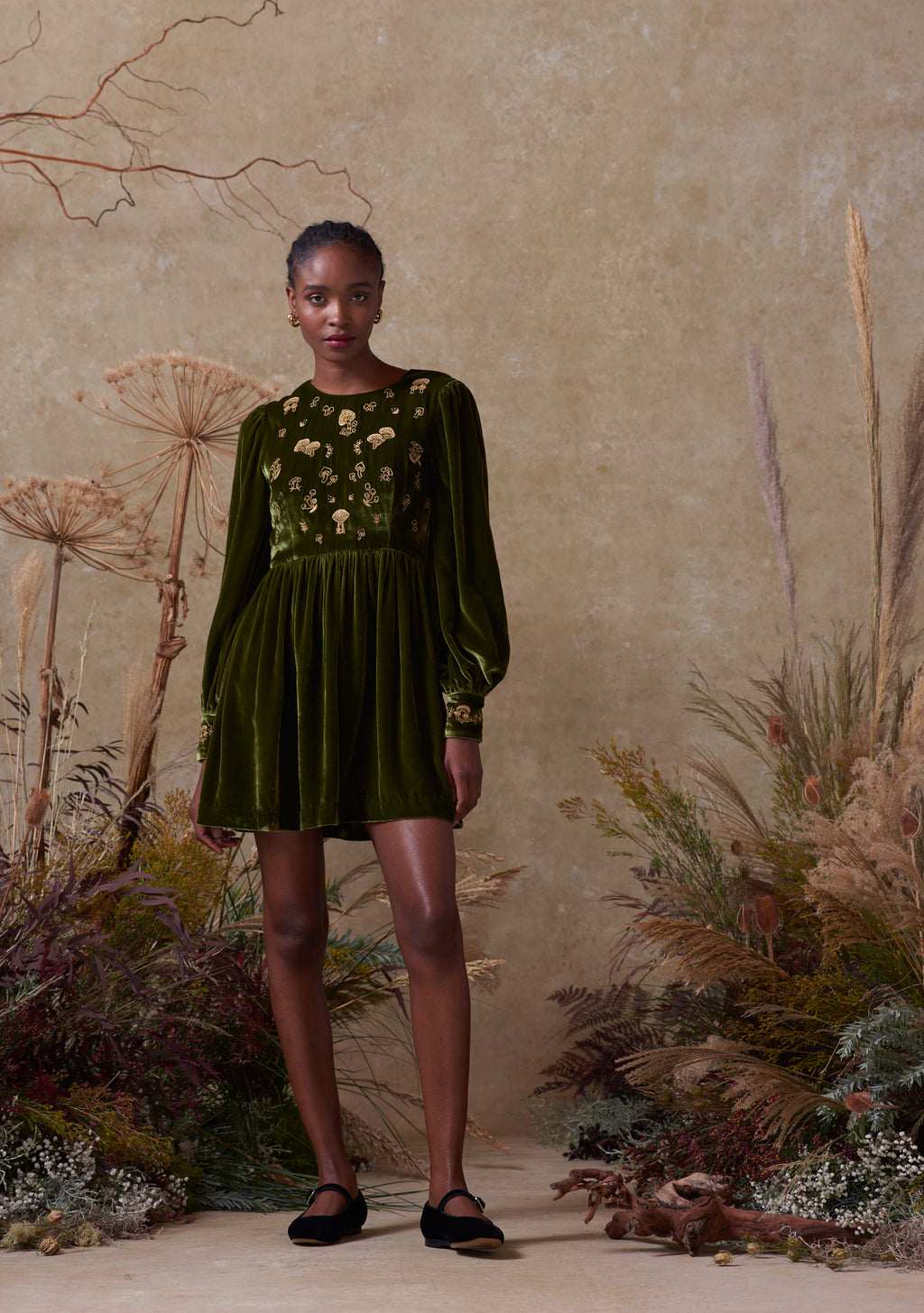 Emma Dress Green with Mushroom Embroidery Emma Dress Green with Mushroom Embroidery