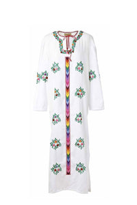 white cotton column dress with multicolour floral matyó hand embroidery