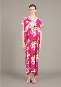 fuchsia floral moroccan kaftan dress with ribbon embroidery