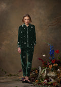 Fern Pants Emerald Velvet with Heart Embroidery