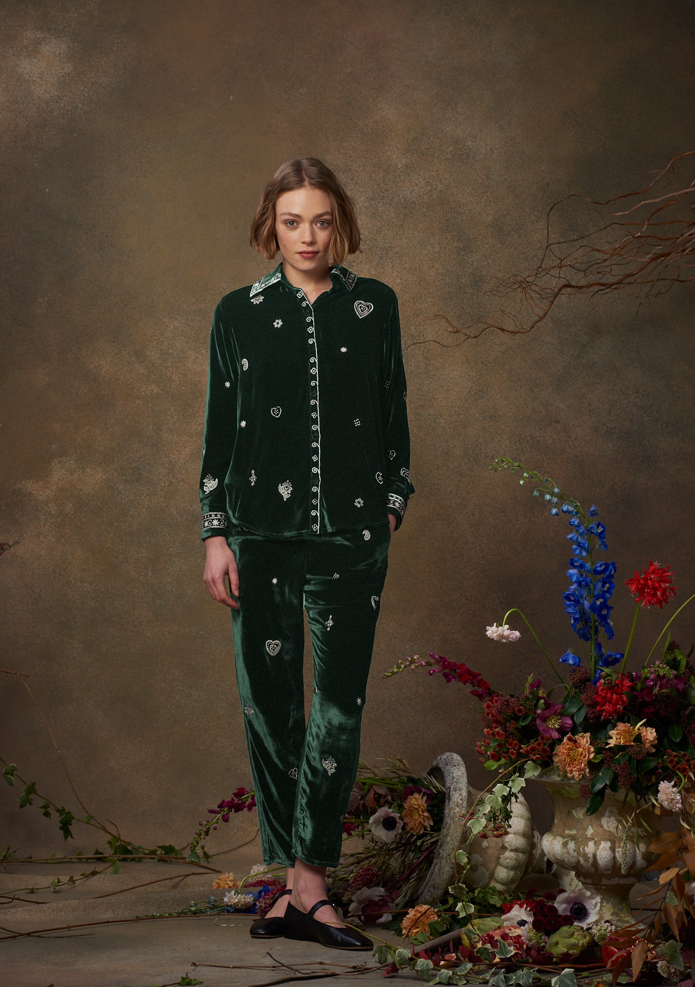 Fern Pants Emerald Velvet with Heart Embroidery