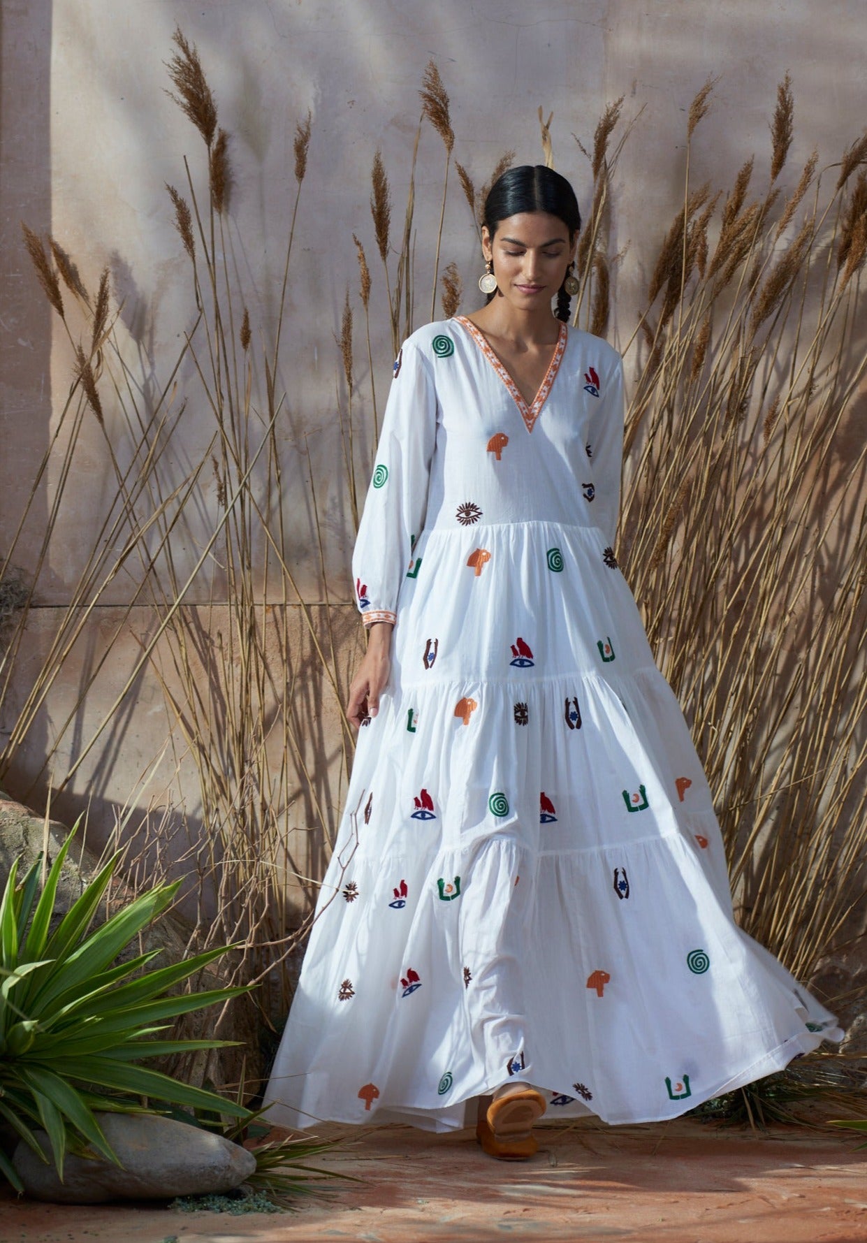 Frangipani Dress With Hieroglyph Embroidery
