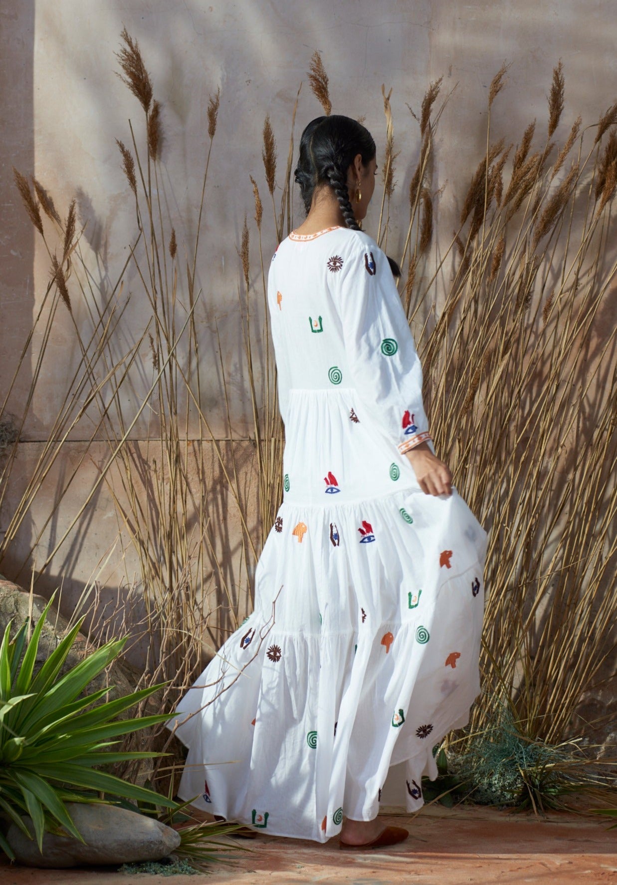 Frangipani Dress With Hieroglyph Embroidery