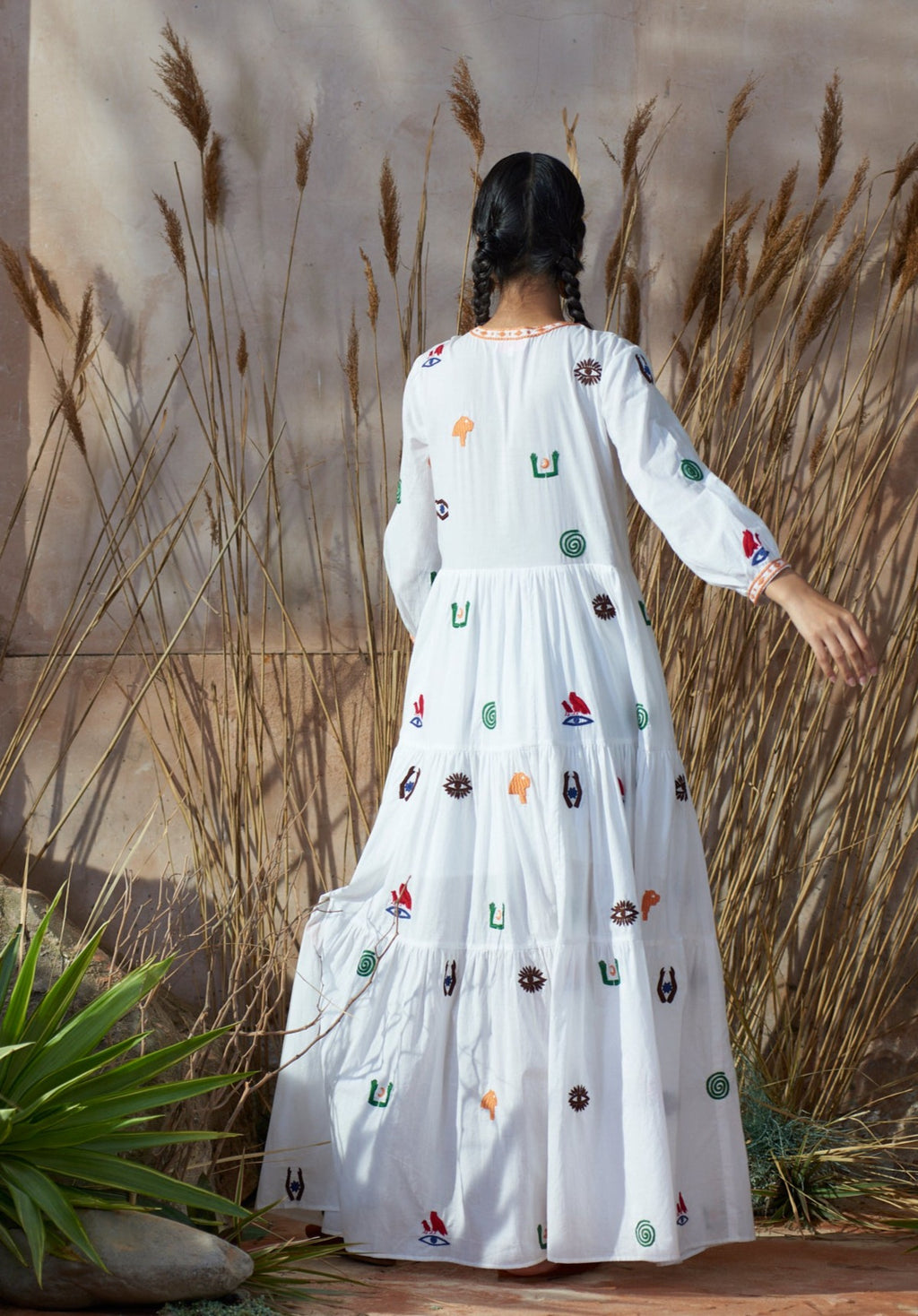 Frangipani Dress With Hieroglyph Embroidery