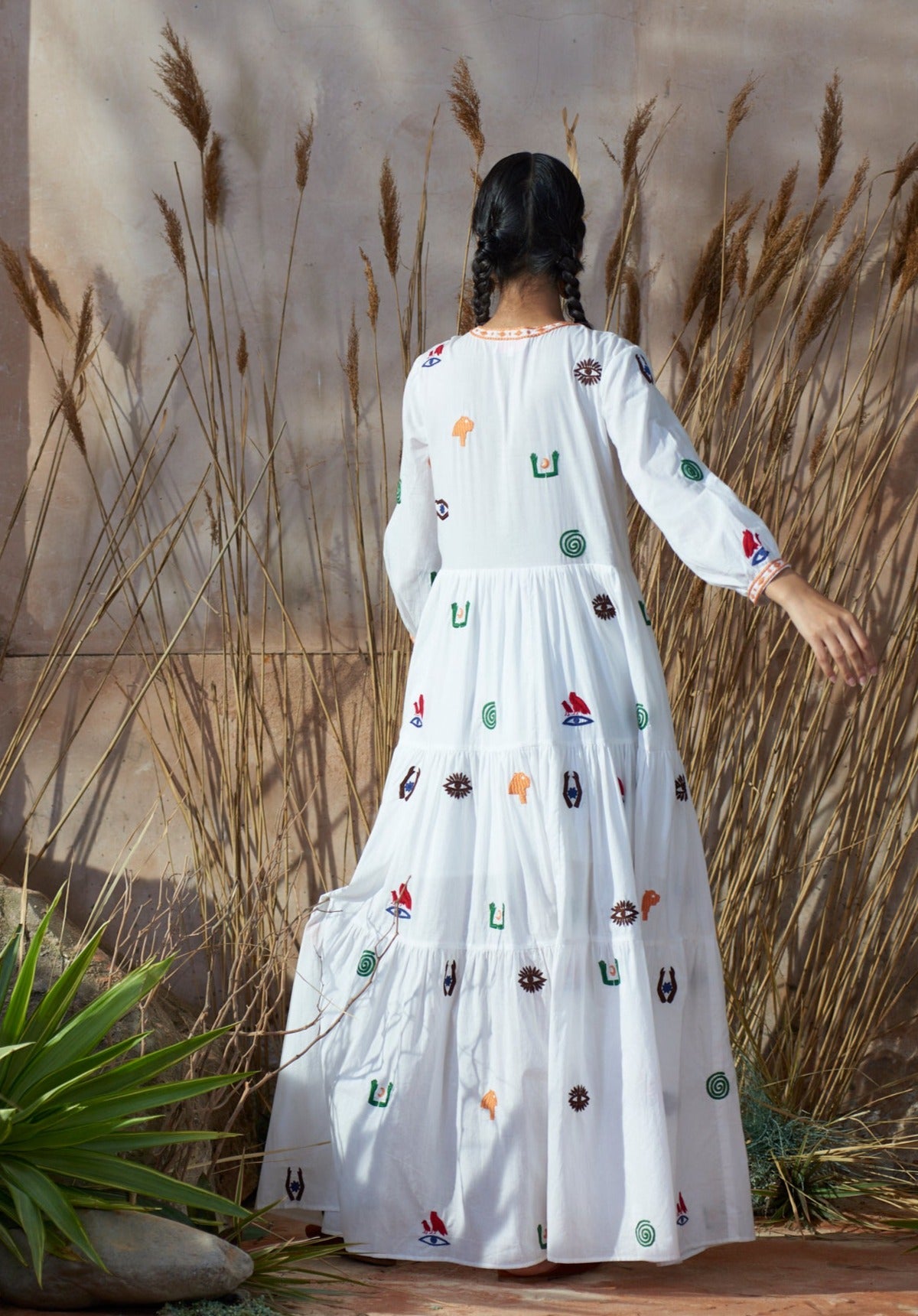 Frangipani Dress With Hieroglyph Embroidery