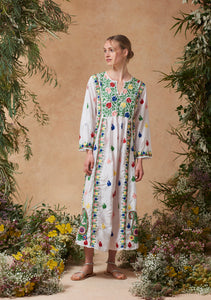 Silk Embroidered Dress White with Multi