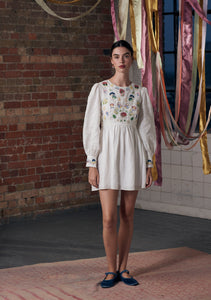 Emma Dress White with Mushroom Embroidery