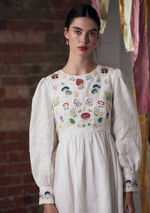 Emma Dress White with Mushroom Embroidery