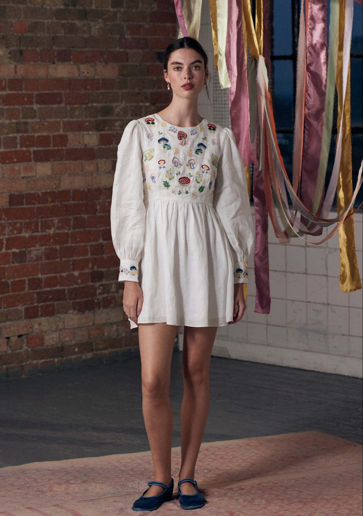 Emma Dress White with Mushroom Embroidery
