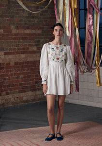 Emma Dress White with Mushroom Embroidery