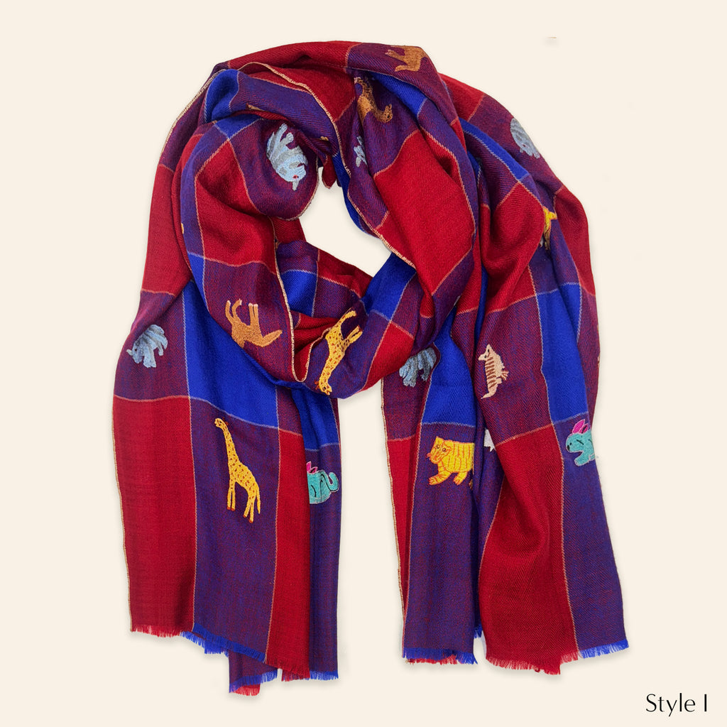 All Over Animal Embroidered Shawl Red and Navy Check
