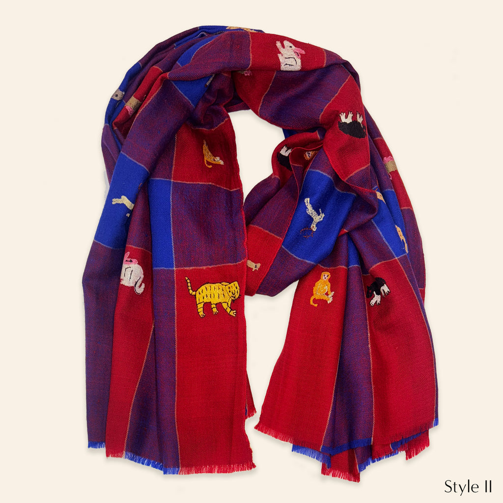 All Over Animal Embroidered Shawl Red and Navy Check