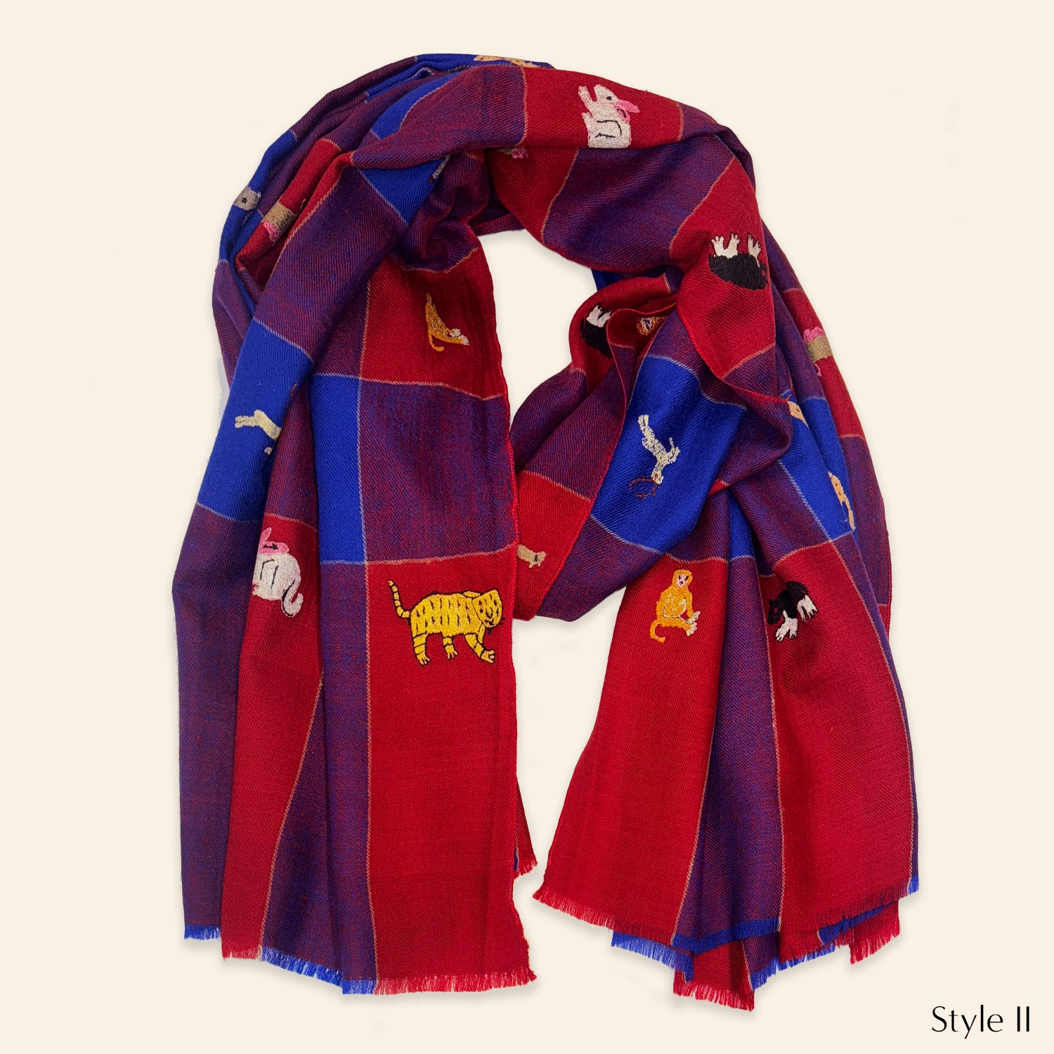 All Over Animal Embroidered Shawl Red and Navy Check