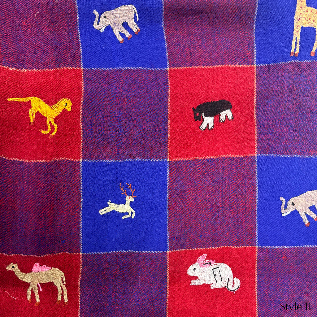 All Over Animal Embroidered Shawl Red and Navy Check