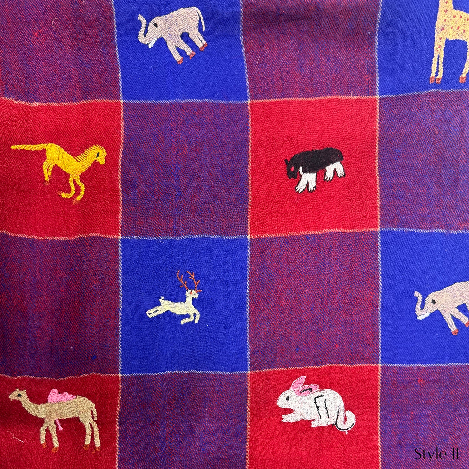 All Over Animal Embroidered Shawl Red and Navy Check