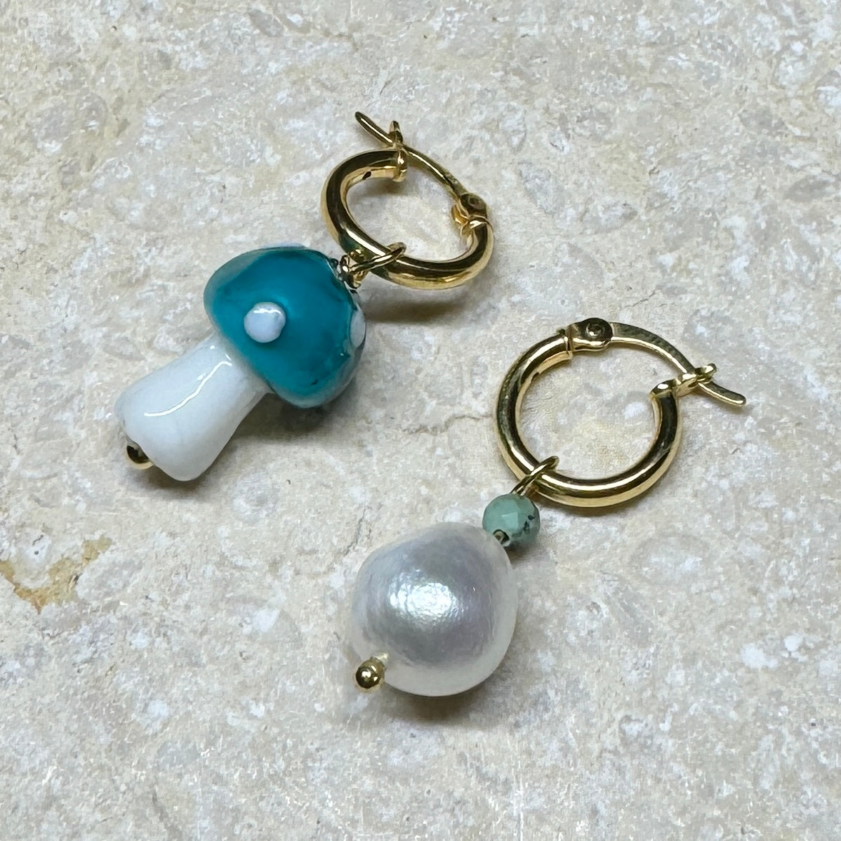 Turquoise Mushroom and Pearl Hoop Earrings