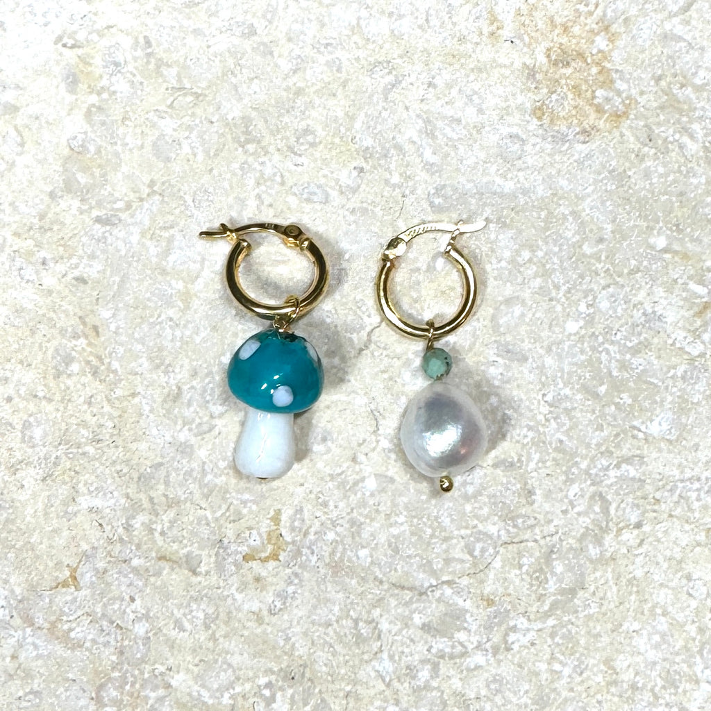 Turquoise Mushroom and Pearl Hoop Earrings