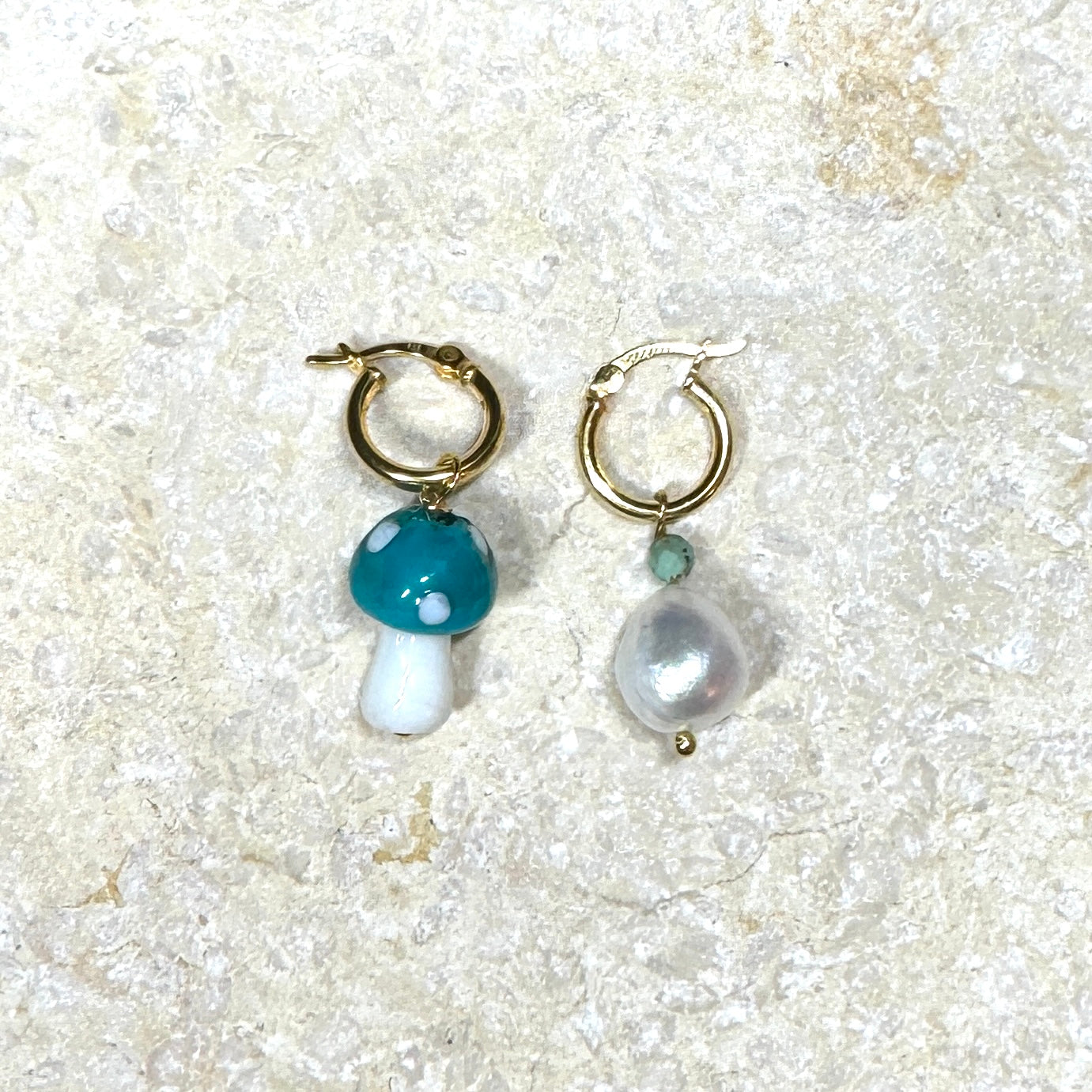 Turquoise Mushroom and Pearl Hoop Earrings