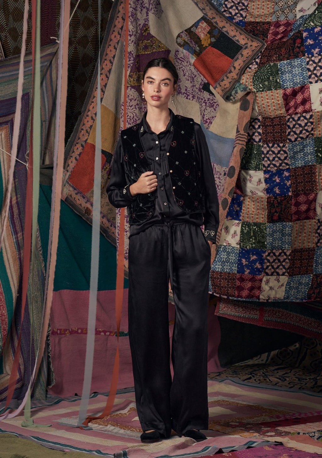 Gigi Gilet Black with Beaded Heart Embroidery