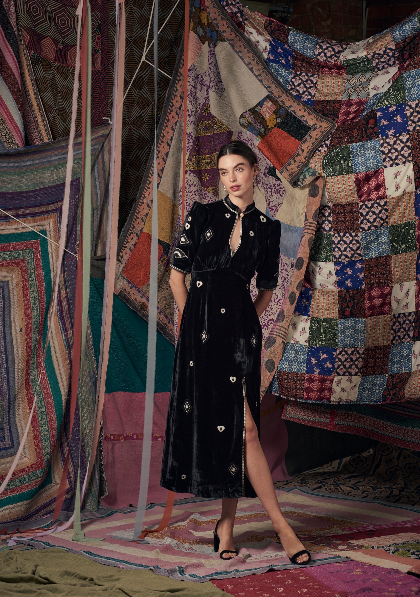 Evie Dress Black with Beaded Gem Embroidery