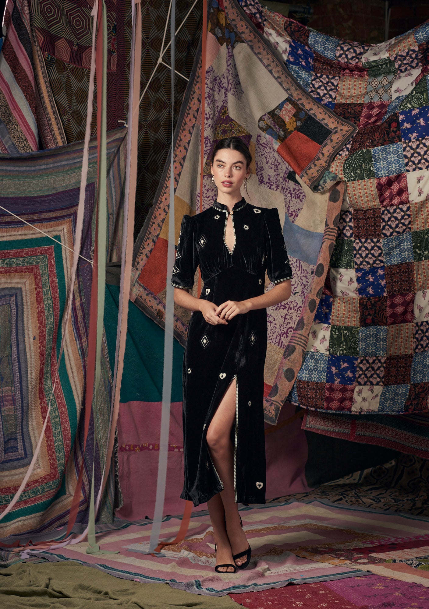 Evie Dress Black with Beaded Gem Embroidery