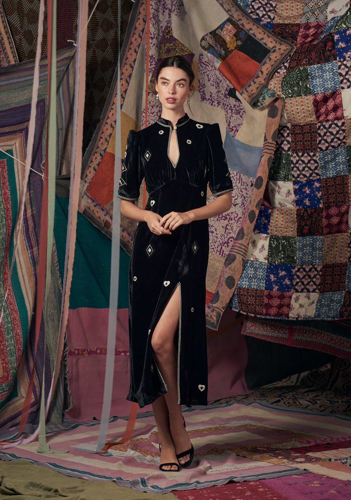 Evie Dress Black with Beaded Gem Embroidery