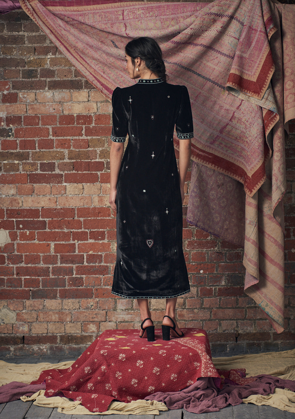Evie Dress Black with Beaded Heart Embroidery