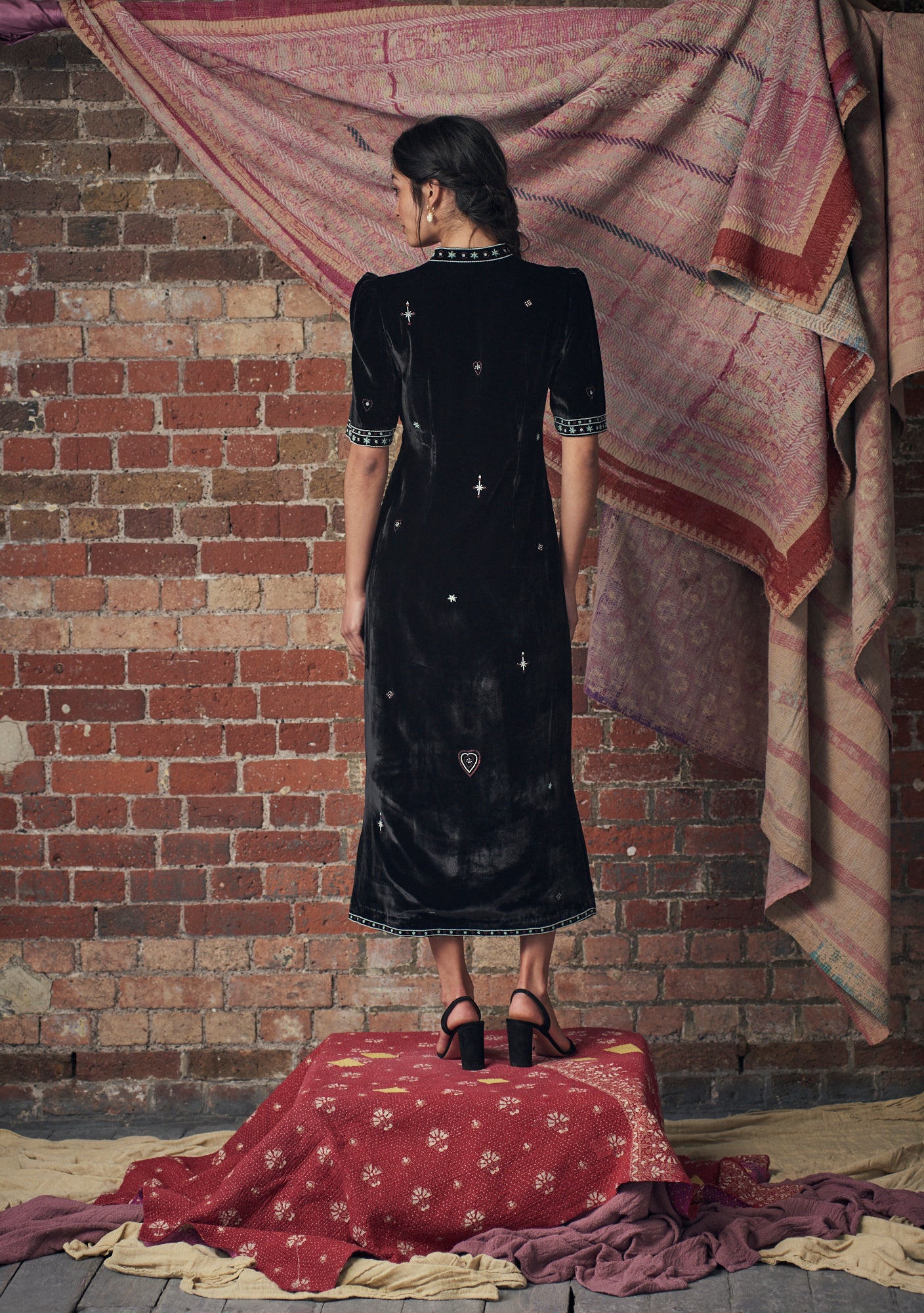 Evie Dress Black with Beaded Heart Embroidery