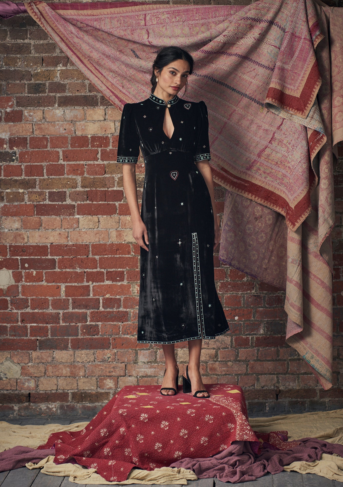 Evie Dress Black with Beaded Heart Embroidery
