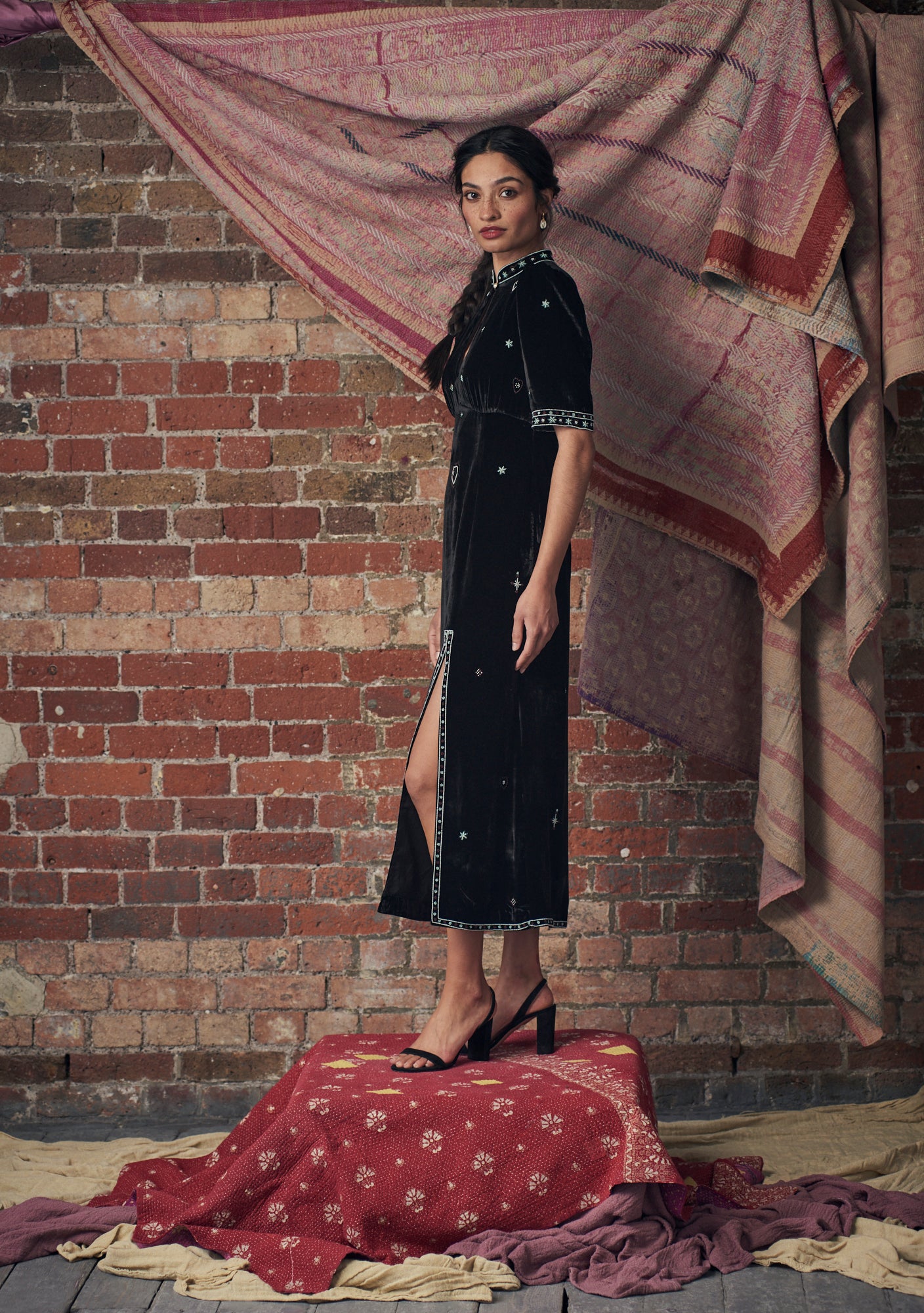 Evie Dress Black with Beaded Heart Embroidery