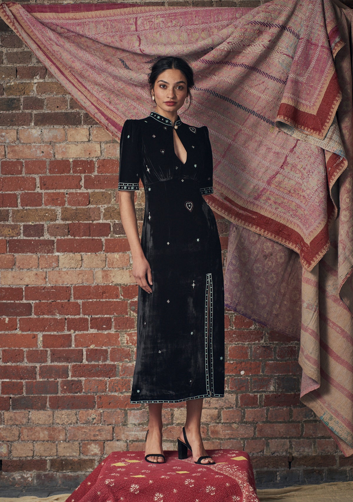 Evie Dress Black with Beaded Heart Embroidery