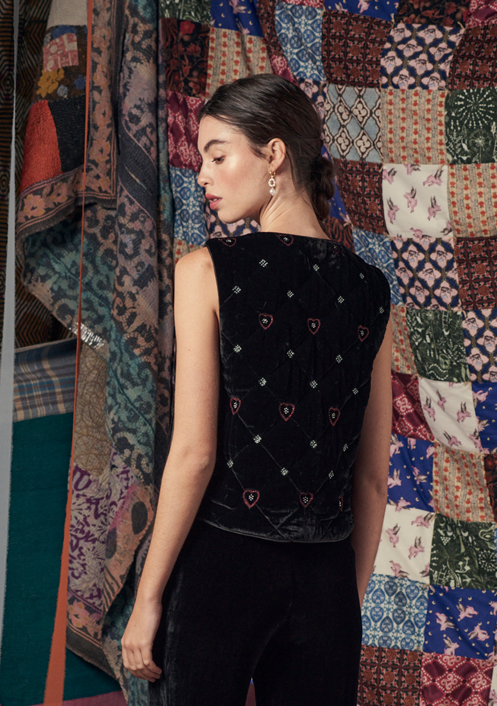 Gigi Gilet Black with Beaded Heart Embroidery