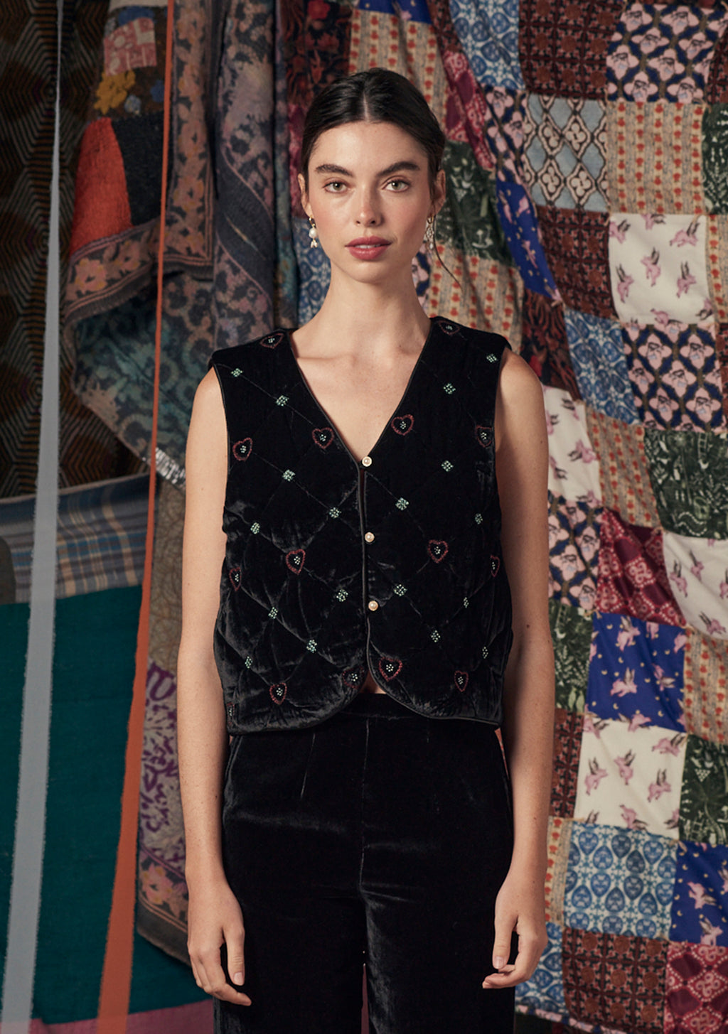 Gigi Gilet Black with Beaded Heart Embroidery