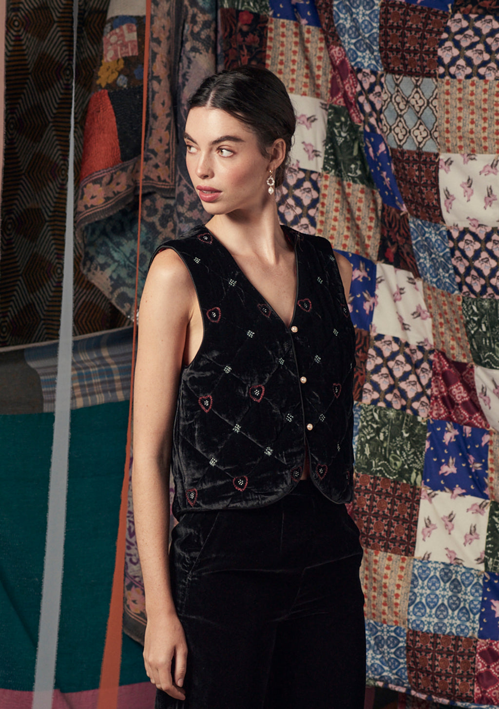 Gigi Gilet Black with Beaded Heart Embroidery