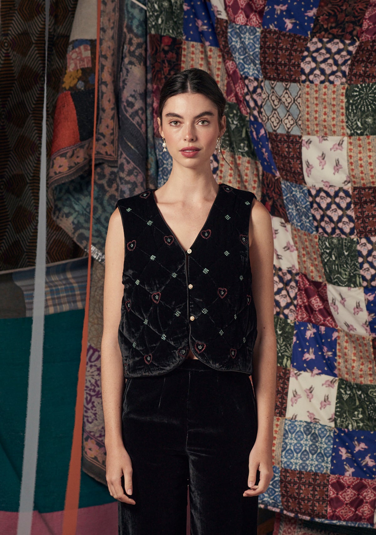 Gigi Gilet Black with Beaded Heart Embroidery