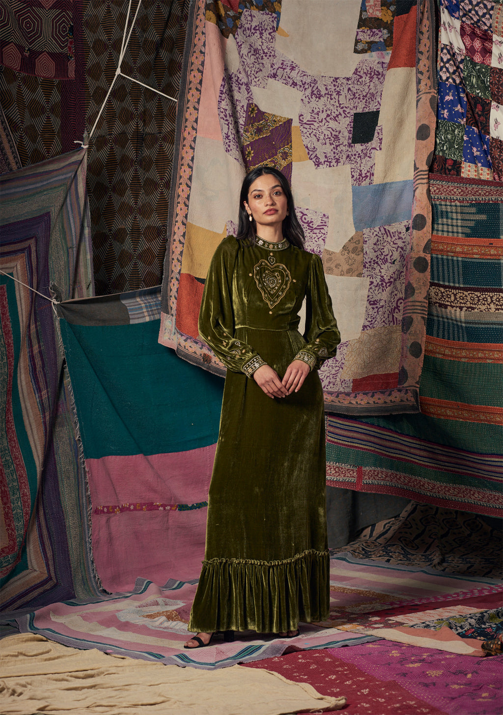 Selena Gown Green with Heart Embroidery