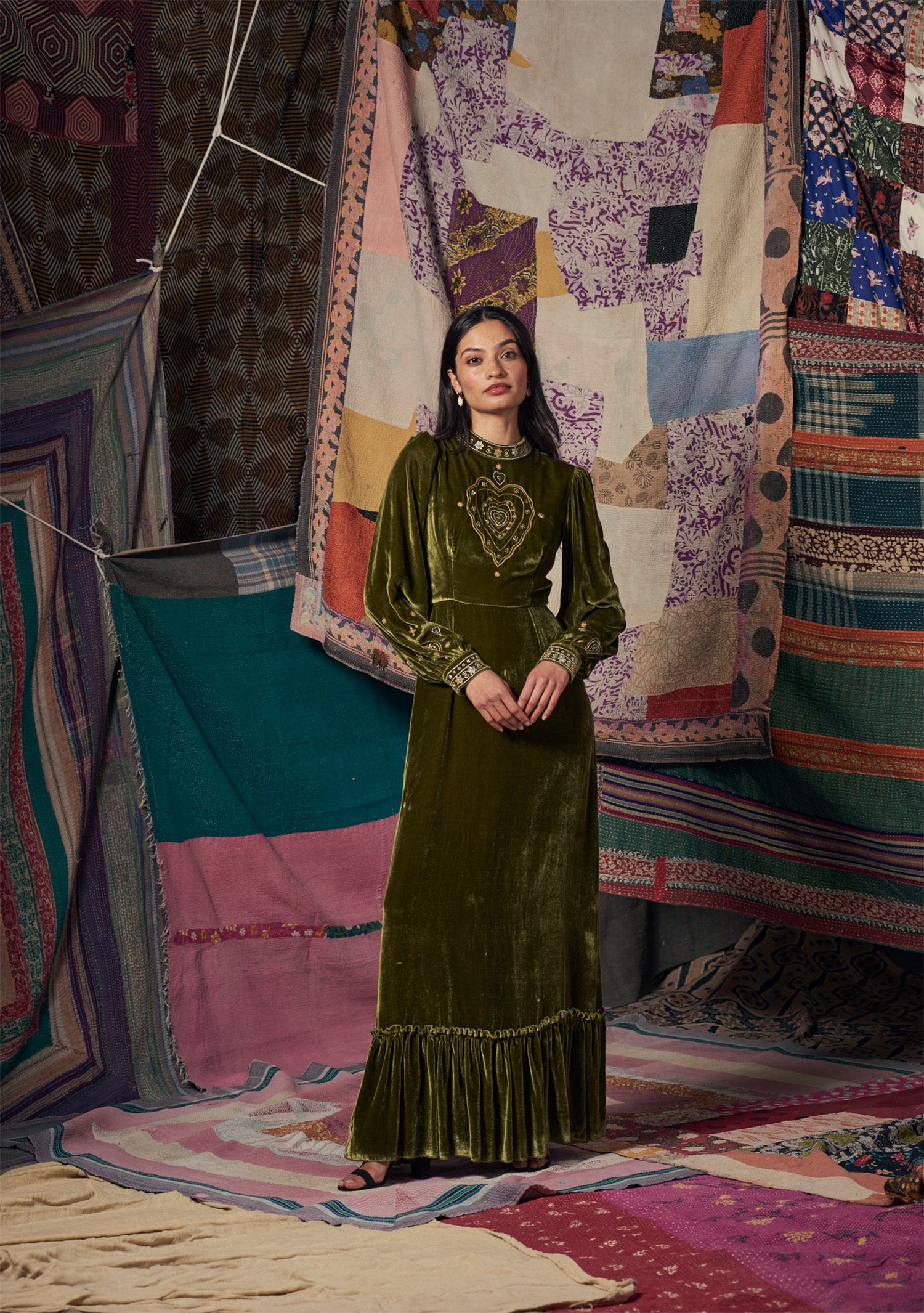 Selena Gown Green with Heart Embroidery