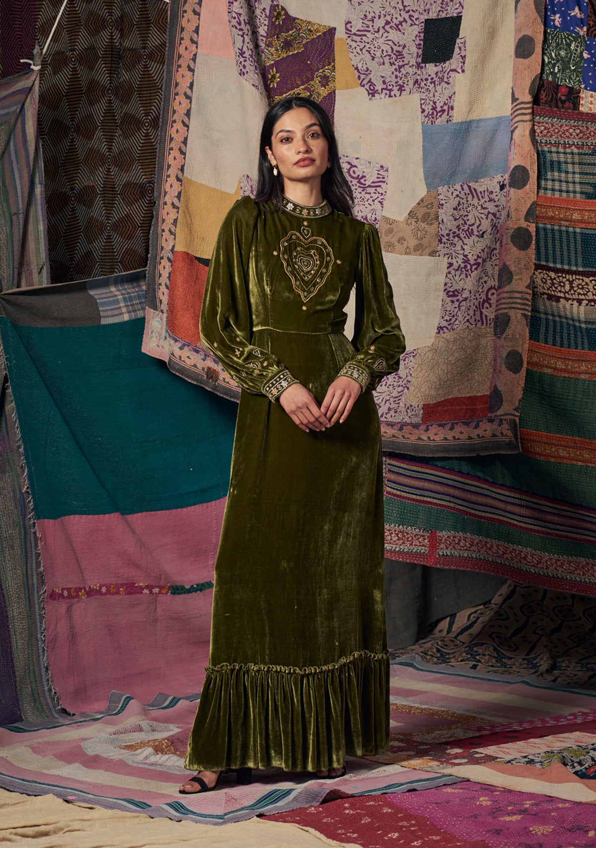 Selena Gown Green with Heart Embroidery
