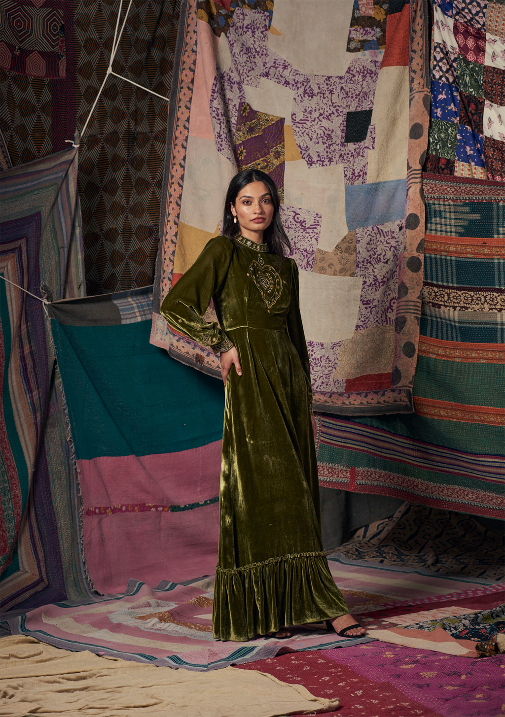 Selena Gown Green with Heart Embroidery