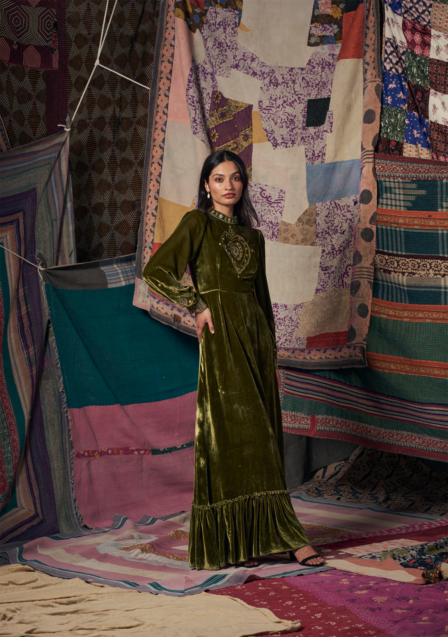 Selena Gown Green with Heart Embroidery