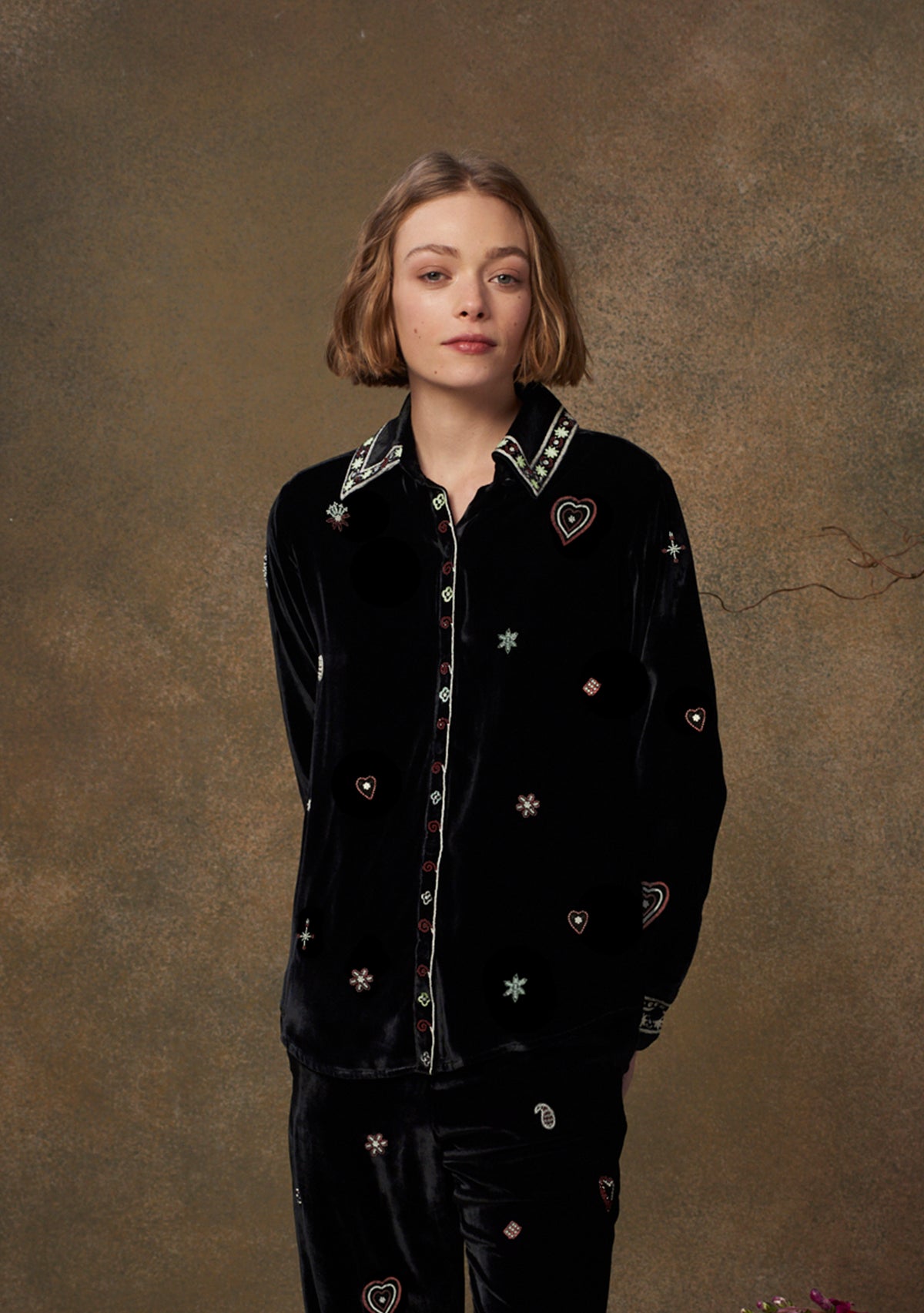 Stella Shirt Velvet Black with Beaded Heart Embroidery