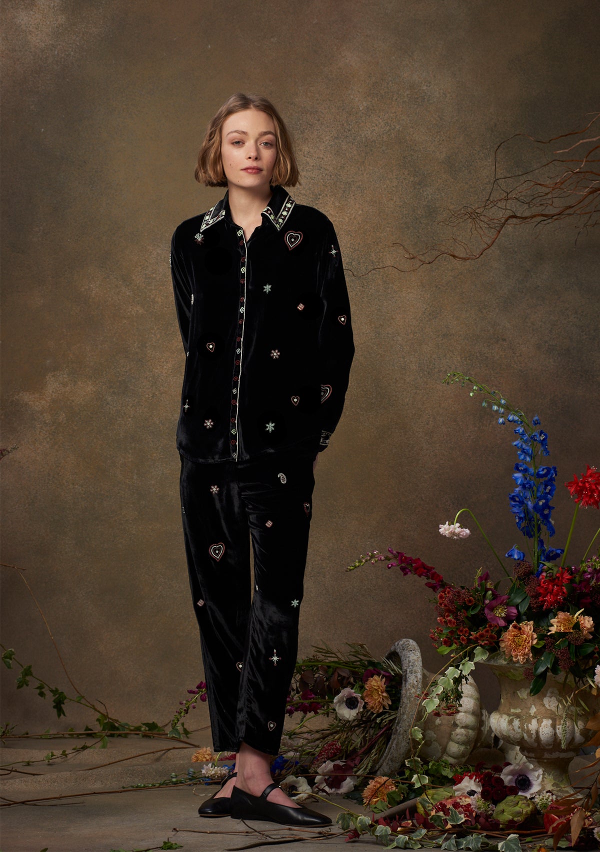 Fern Pants Velvet Black with Beaded Heart Embroidery