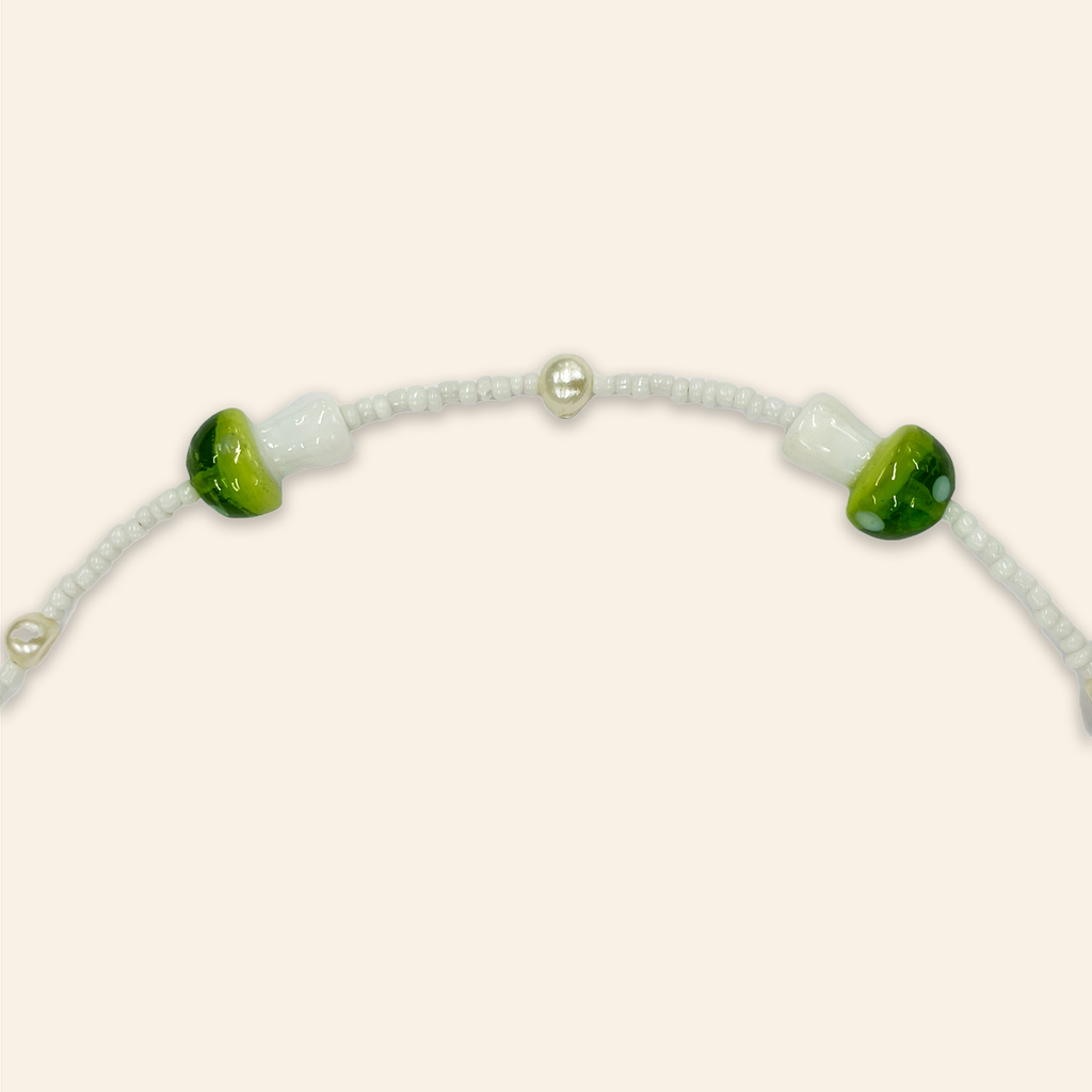 Glass Green Mushroom and Pearl Bead Necklace