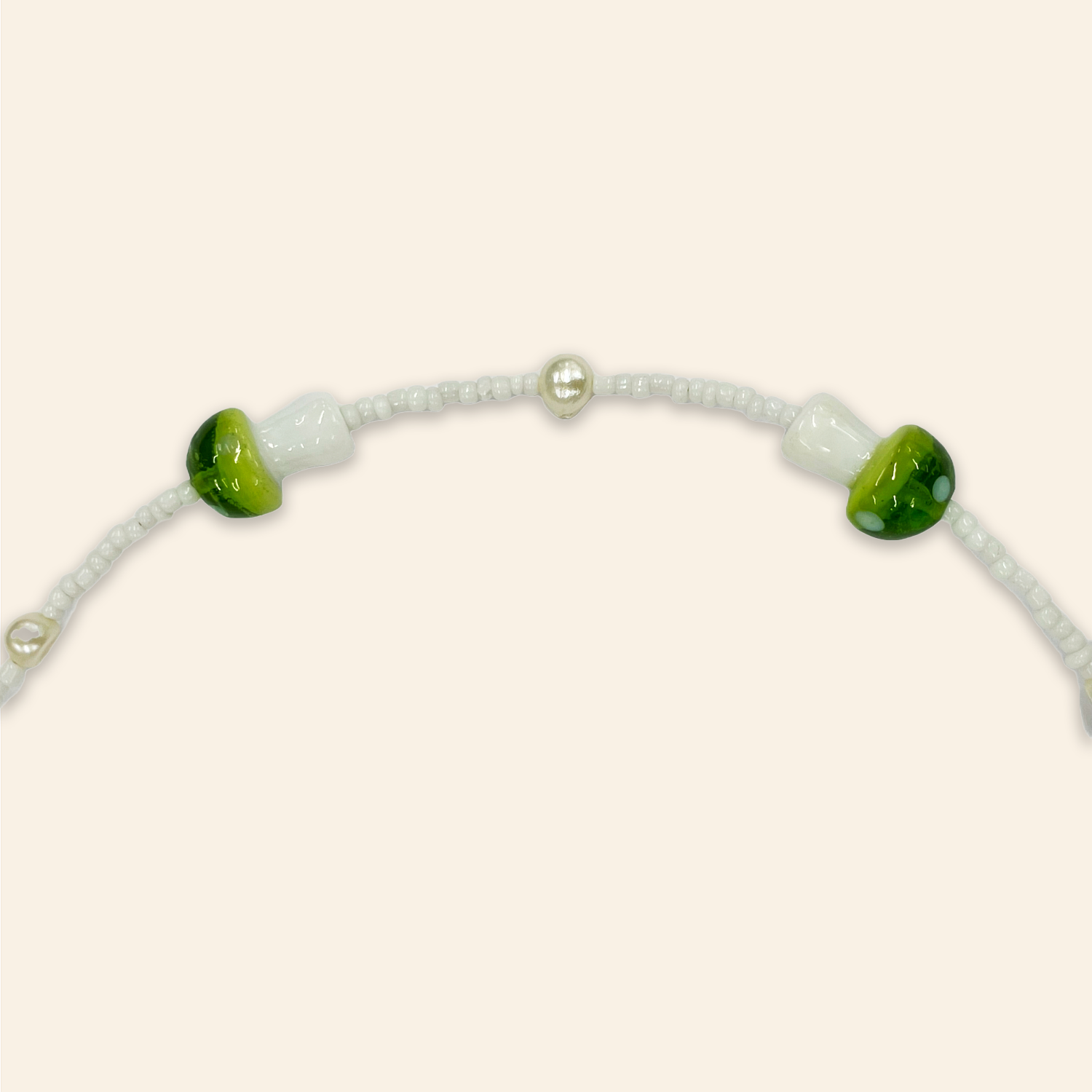 Glass Green Mushroom and Pearl Bead Necklace