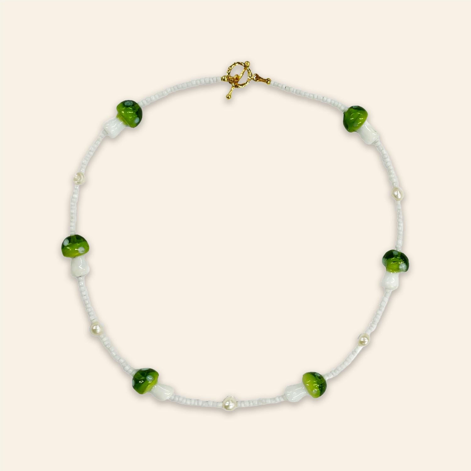 Glass Green Mushroom and Pearl Bead Necklace